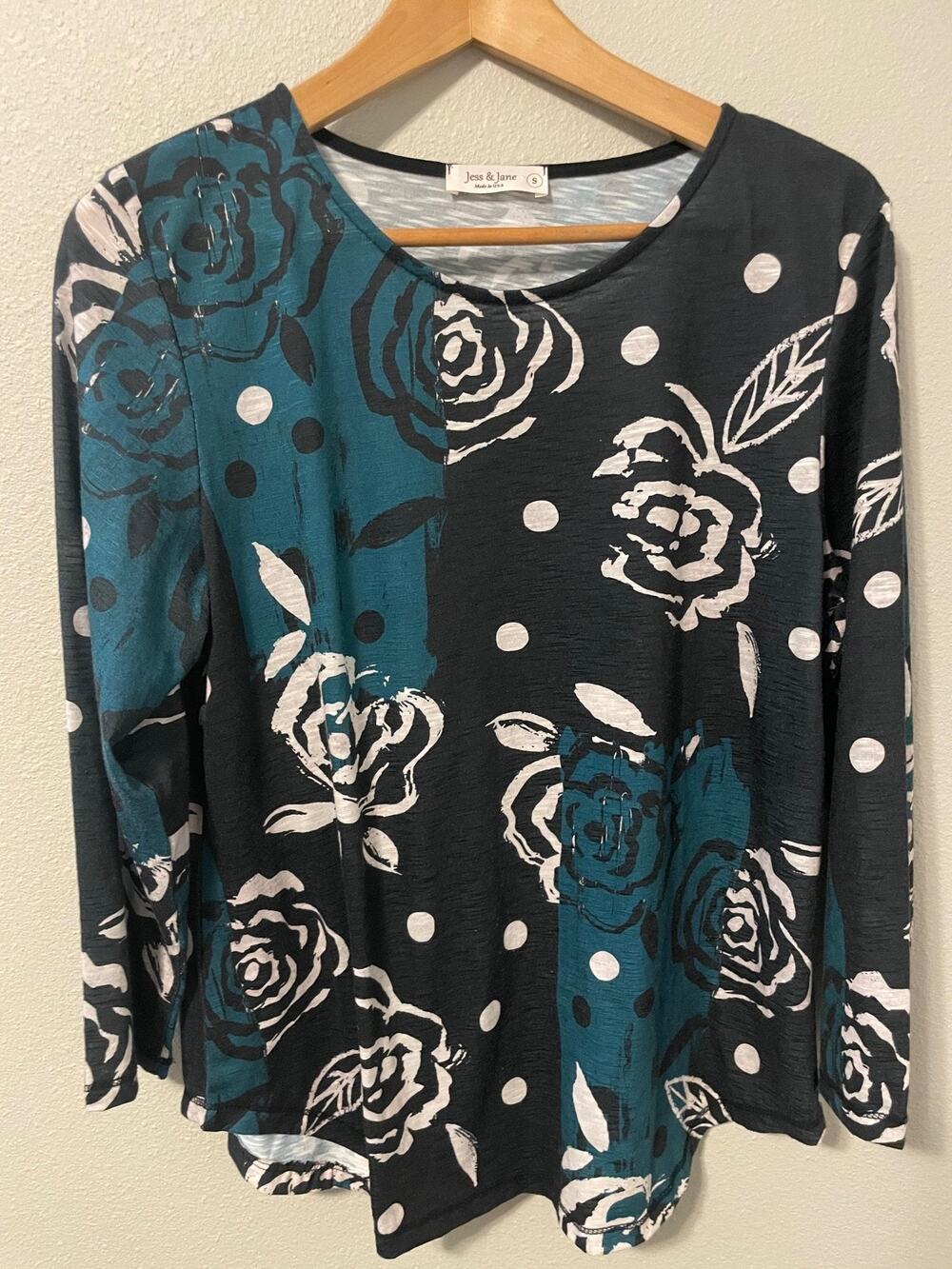 Jess & Jane Tunic Top Womens Navy Black Floral Polka Dot Rosette Artsy Boho